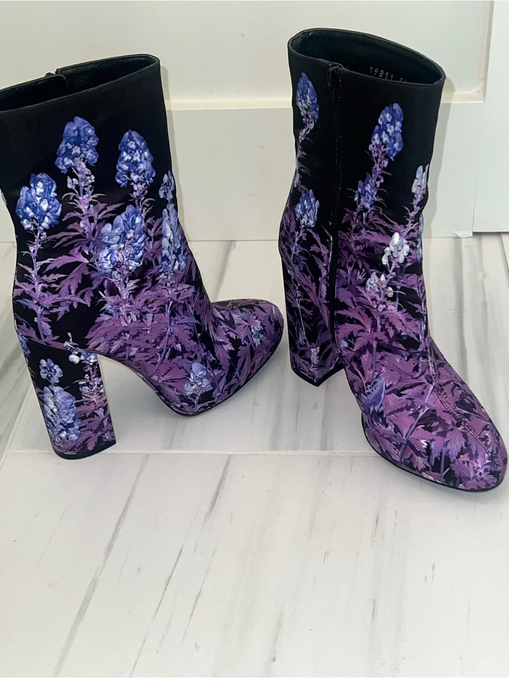 Dries Van Noten Black & Purple Floral Block-Heel Ankle Boots-LIKE NEW